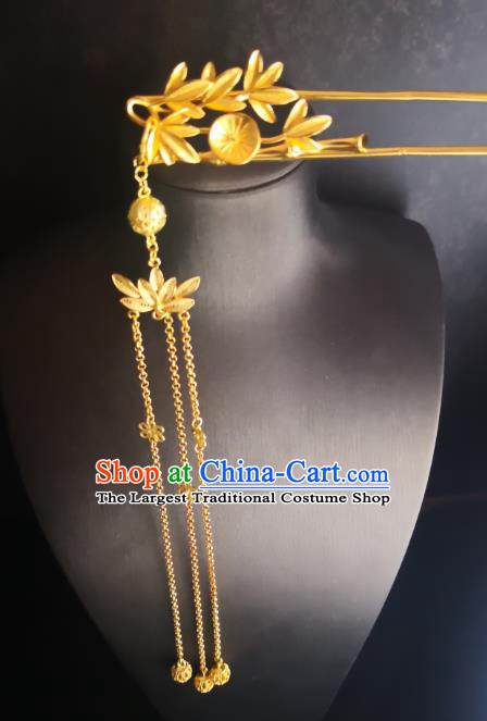 China Classical Wedding Hair Stick Traditional Hair Accessories Handmade Golden Tassel Bamboo Hairpin
