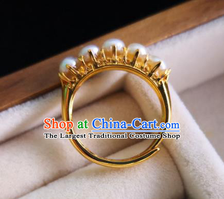 Handmade Chinese Ancient Palace Pearls Ring Jewelry Traditional Ming Dynasty Golden Circlet
