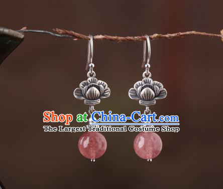 Chinese Classical Strawberry Quartz Ear Accessories Traditional Cheongsam Silver Earrings