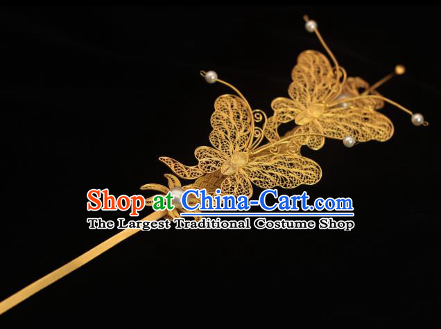 China Classical Filigree Golden Butterfly Hair Stick Traditional Hair Accessories Ming Dynasty Court Hairpin