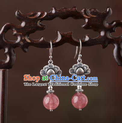 Chinese Classical Strawberry Quartz Ear Accessories Traditional Cheongsam Silver Earrings