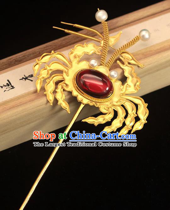 China Ancient Empress Ruby Hair Stick Traditional Hair Accessories Ming Dynasty Golden Crab Hairpin