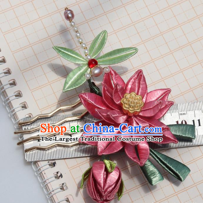 China Ancient Song Dynasty Pearls Dragonfly Hairpin Traditional Hanfu Pink Silk Lotus Hair Comb