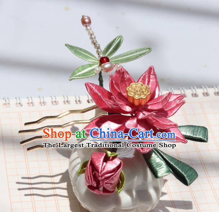 China Ancient Song Dynasty Pearls Dragonfly Hairpin Traditional Hanfu Pink Silk Lotus Hair Comb
