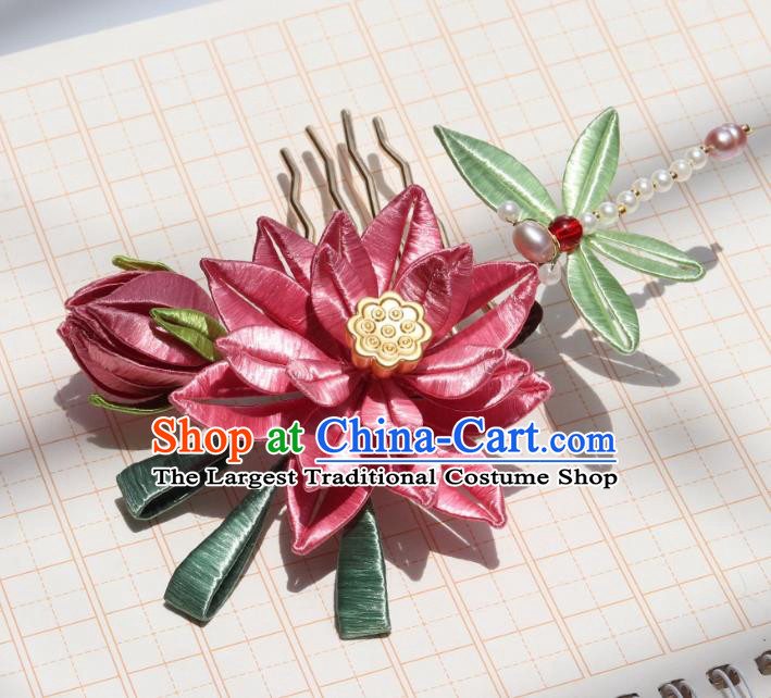 China Ancient Song Dynasty Pearls Dragonfly Hairpin Traditional Hanfu Pink Silk Lotus Hair Comb