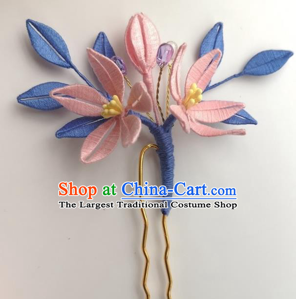 China Ancient Ming Dynasty Pink Silk Flowers Hairpin Traditional Hanfu Hair Stick Hair Accessories