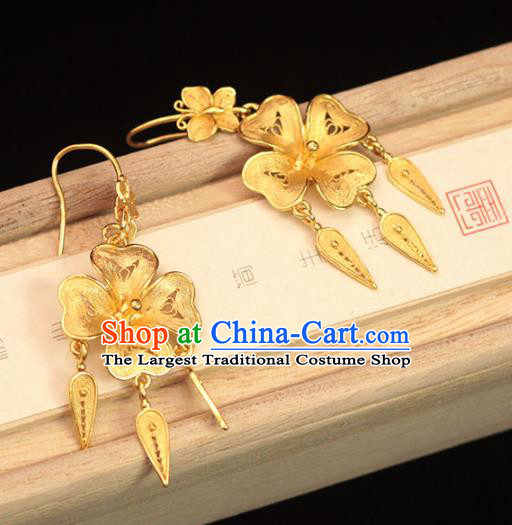 Chinese Ancient Empress Filigree Ear Accessories Traditional Ming Dynasty Golden Flower Earrings