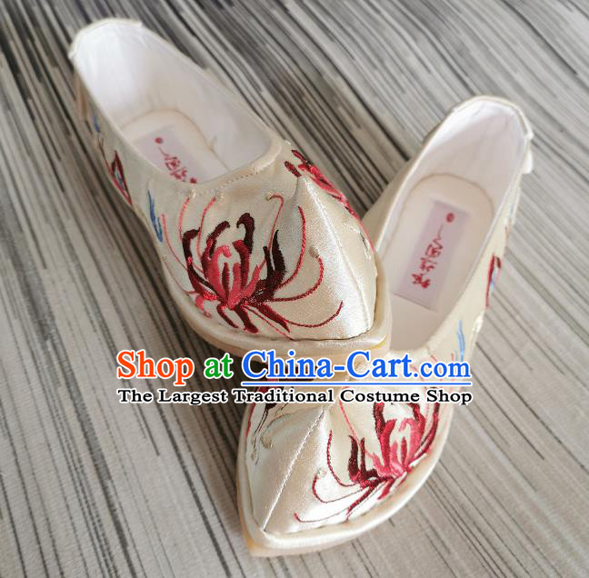 Handmade Chinese Champagne Satin Shoes Bow Shoes Embroidered Shoes Traditional Ming Dynasty Shoes