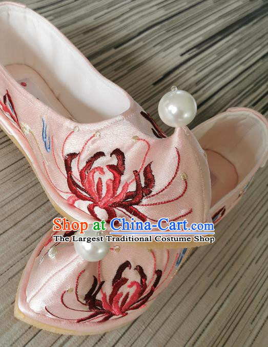 Handmade Chinese Bow Shoes Embroidered Shoes Traditional Ming Dynasty Shoes Pink Satin Shoes
