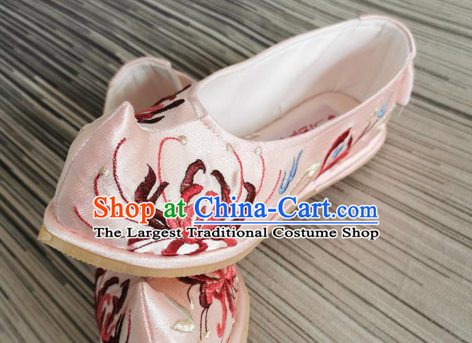 Handmade Chinese Bow Shoes Embroidered Shoes Traditional Ming Dynasty Shoes Pink Satin Shoes