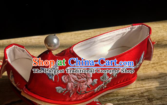 Handmade Chinese Wedding Shoes Traditional Red Cloth Shoes Bow Shoes Embroidered Peony Shoes