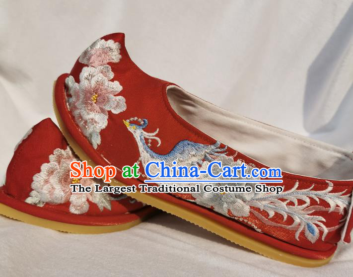 Handmade Chinese Traditional Wedding Hanfu Shoes Embroidered Phoenix Peony Shoes Red Satin Bow Shoes