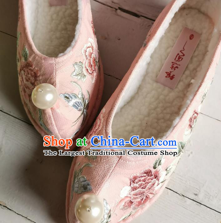 Handmade Chinese Traditional Cloth Shoes Princess Shoes Bow Shoes Embroidered Peony Pink Shoes
