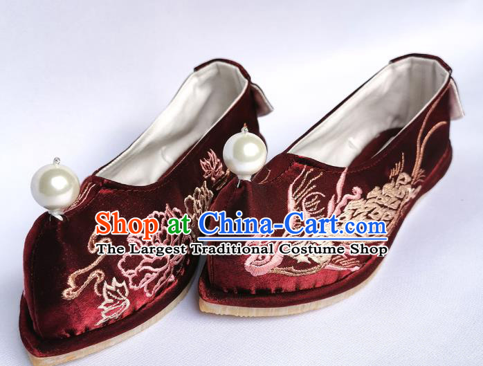 Handmade Chinese Wine Red Satin Bow Shoes Traditional Hanfu Shoes Embroidered Phoenix Shoes