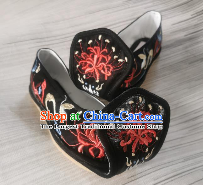 Handmade Chinese Bow Shoes Embroidered Shoes Traditional Han Dynasty Black Satin Shoes Princess Shoes