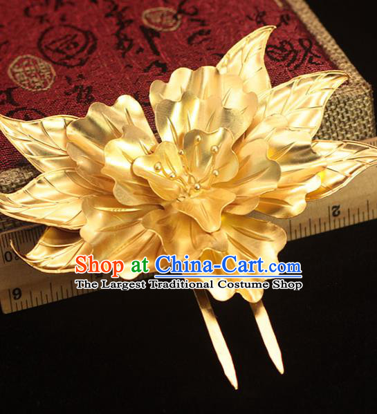 China Tang Dynasty Golden Peony Hairpin Traditional Hair Accessories Ancient Palace Woman Hair Stick