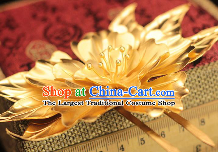 China Tang Dynasty Golden Peony Hairpin Traditional Hair Accessories Ancient Palace Woman Hair Stick