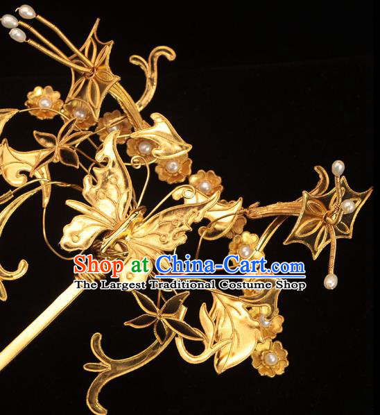 China Qing Dynasty Pearls Hairpin Traditional Hair Accessories Ancient Palace Lady Golden Butterfly Hair Stick