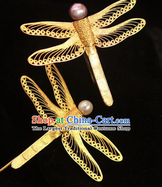 China Ancient Empress Filigree Hair Stick Traditional Hair Accessories Ming Dynasty Golden Dragonfly Hairpin