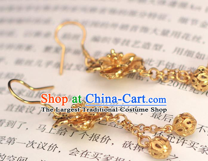Chinese Ancient Wedding Golden Ear Accessories Traditional Ming Dynasty Court Woman Earrings
