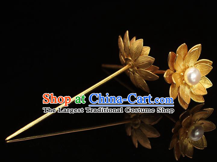 China Ancient Bride Golden Lotus Hairpin Traditional Wedding Hair Accessories Ming Dynasty Hair Stick