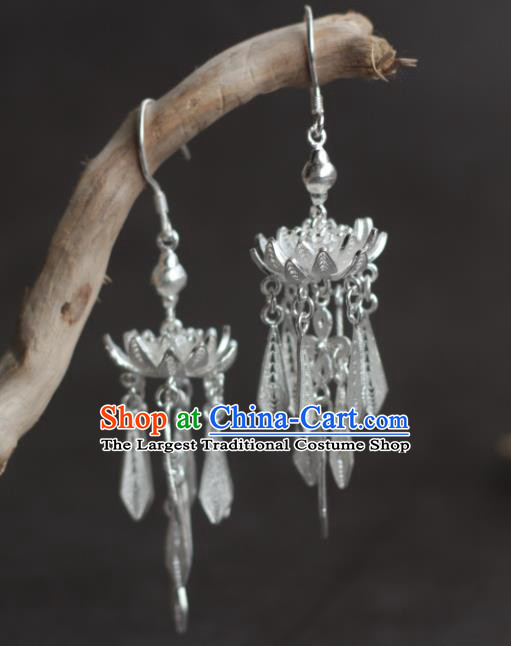 Chinese Ancient Princess Argent Ear Accessories Traditional Ming Dynasty Court Lotus Earrings