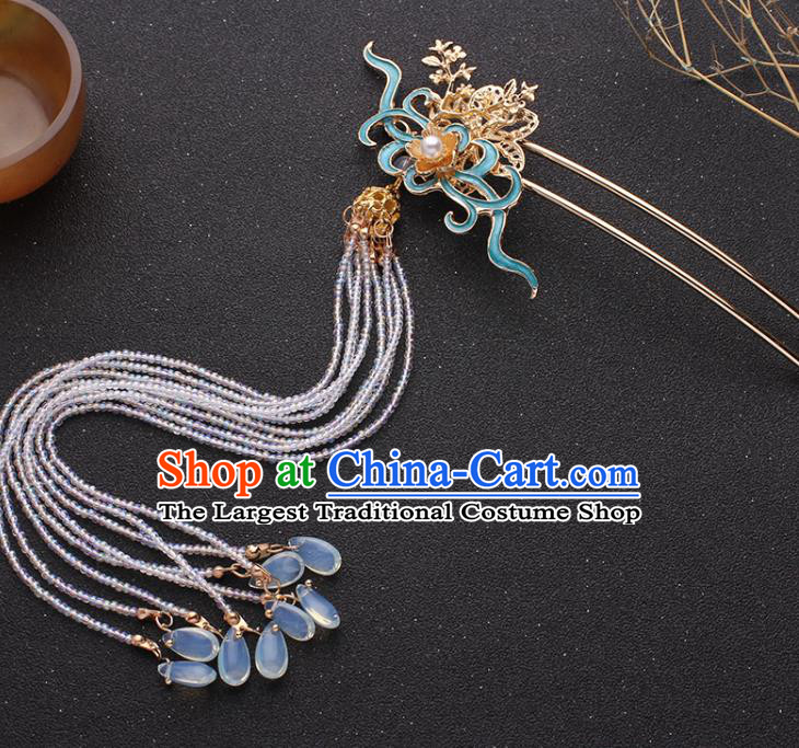 Traditional China Ming Dynasty Blueing Hair Stick Ancient Princess Beads Tassel Hairpin