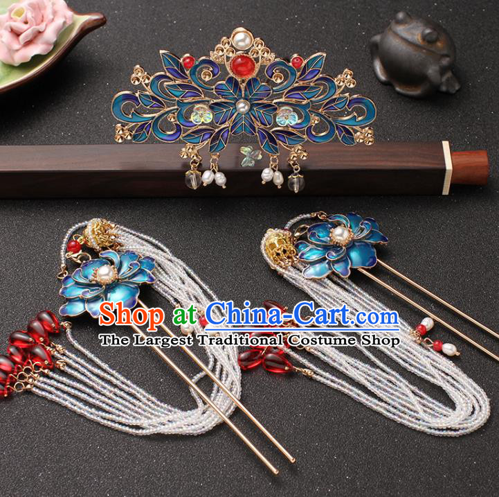 Traditional China Ming Dynasty Blueing Hair Stick Ancient Princess Beads Tassel Hairpin