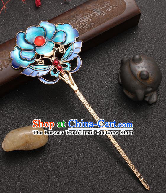 Traditional China Ancient Imperial Concubine Hairpin Ming Dynasty Blueing Peony Hair Stick