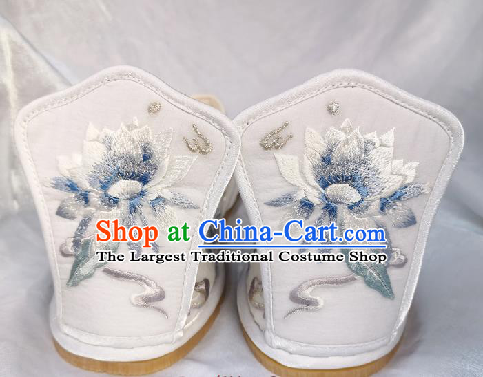 Handmade Chinese Traditional Han Dynasty Princess Shoes White Satin Shoes Embroidered Epiphyllum Shoes