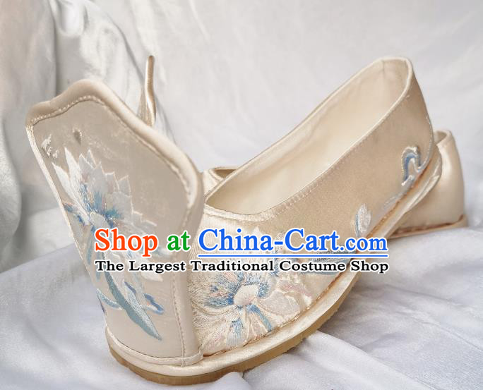 Handmade Chinese Embroidered Epiphyllum Shoes Light Golden Satin Shoes Traditional Han Dynasty Princess Shoes