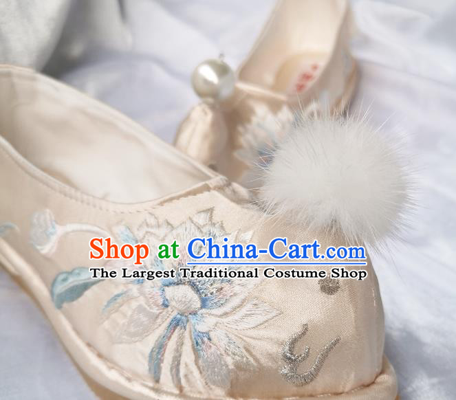 Handmade Chinese Light Golden Satin Bow Shoes Traditional Ming Dynasty Princess Shoes Embroidered Epiphyllum Shoes