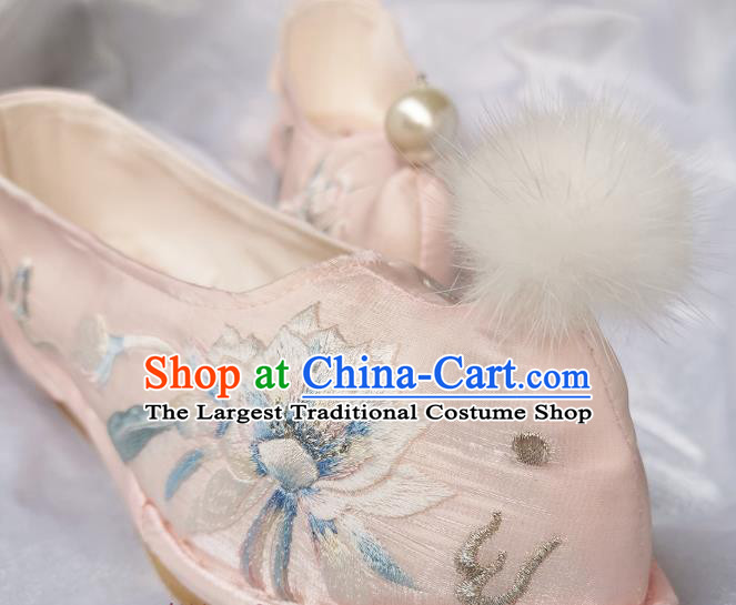 Handmade Chinese Pink Satin Shoes Traditional Ming Dynasty Princess Shoes Embroidered Epiphyllum Bow Shoes