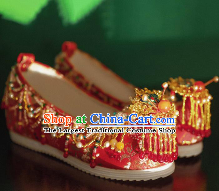 Handmade Chinese Embroidered Shoes Ancient Princess Red Shoes Traditional Hanfu Wedding Shoes