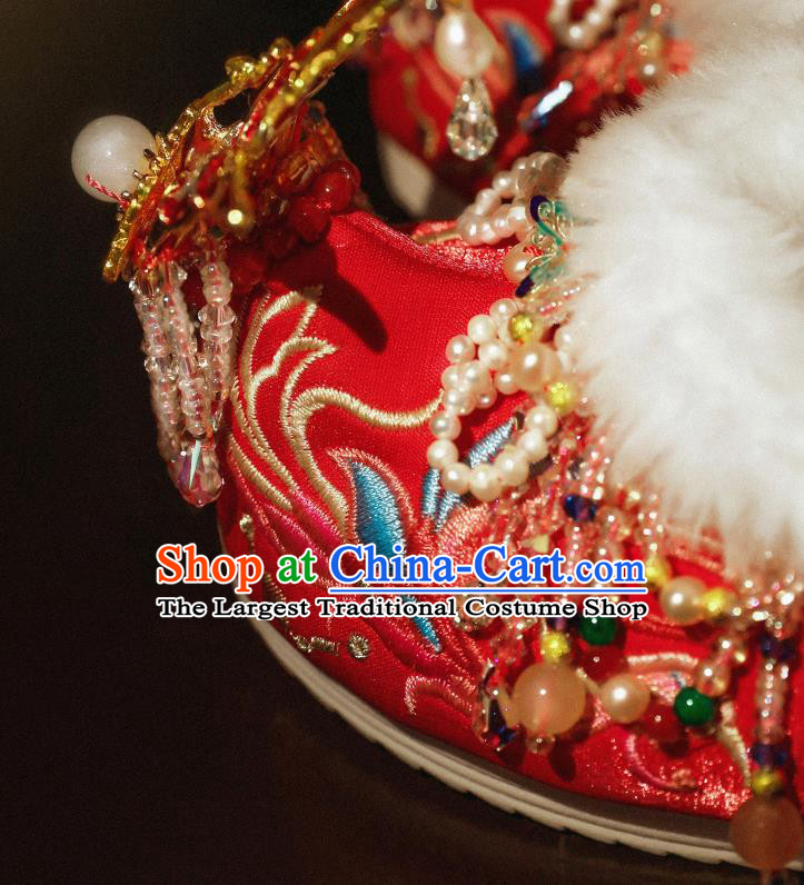 Handmade Chinese Beads Tassel Embroidered Shoes Ancient Princess Shoes Traditional Hanfu Enamel Phoenix Shoes