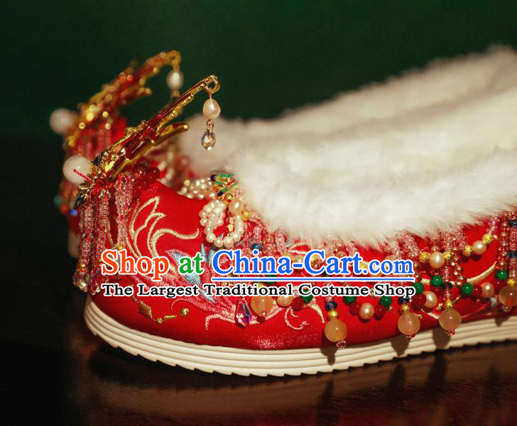 Handmade Chinese Beads Tassel Embroidered Shoes Ancient Princess Shoes Traditional Hanfu Enamel Phoenix Shoes