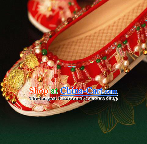 Handmade Chinese Embroidered Lotus Shoes Ancient Princess Red Shoes Traditional Hanfu Wedding Shoes