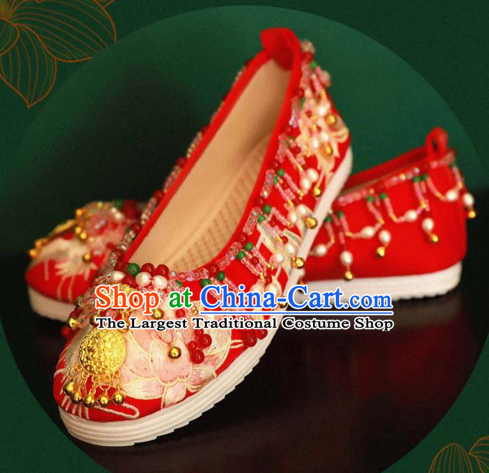 Handmade Chinese Embroidered Lotus Shoes Ancient Princess Red Shoes Traditional Hanfu Wedding Shoes