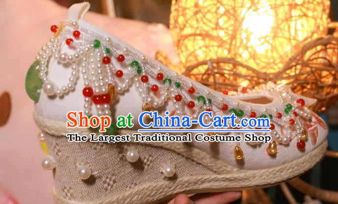 Chinese Wedge Heel Shoes Handmade Beads Tassel Shoes Traditional Embroidered Shoes