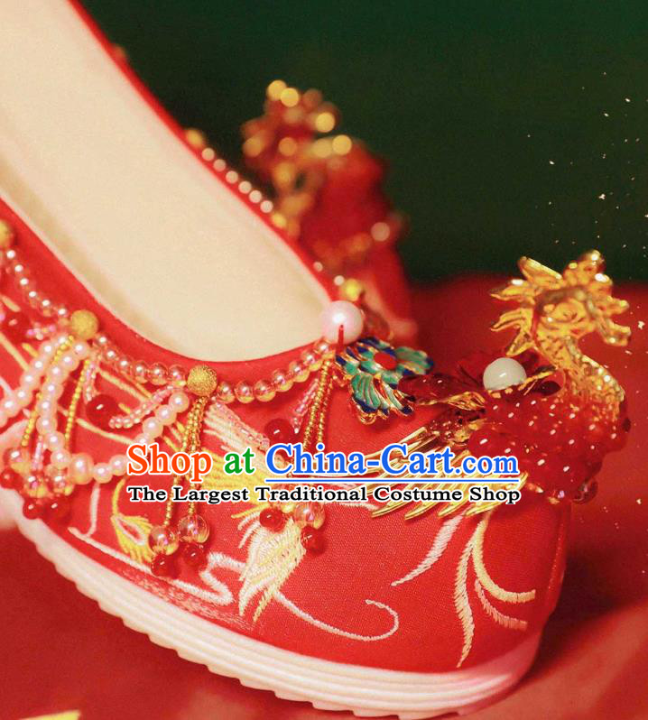 Handmade Chinese Ancient Princess Shoes Traditional Hanfu Red Satin Shoes Embroidered Phoenix Shoes