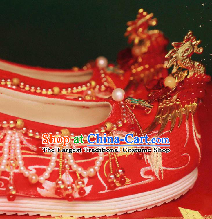 Handmade Chinese Ancient Princess Shoes Traditional Hanfu Red Satin Shoes Embroidered Phoenix Shoes