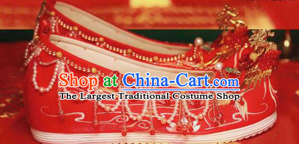 Handmade Chinese Ancient Princess Shoes Traditional Hanfu Red Satin Shoes Embroidered Phoenix Shoes