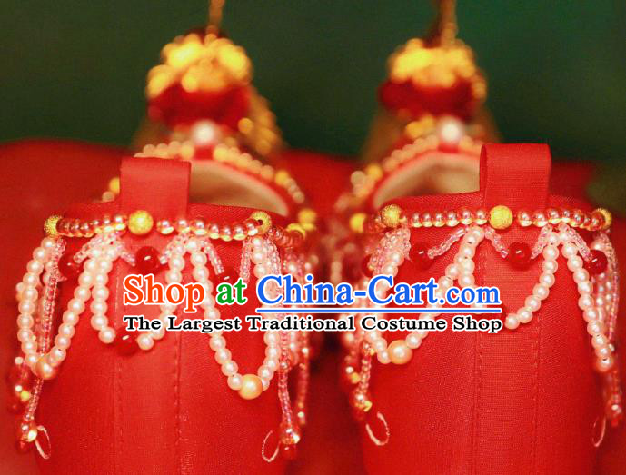 Handmade Chinese Ancient Princess Shoes Traditional Hanfu Red Satin Shoes Embroidered Phoenix Shoes