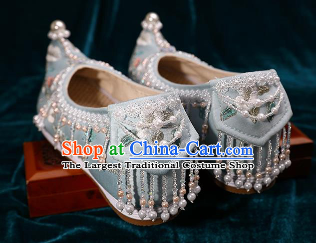 Chinese Traditional Embroidered Plum Blossom Shoes Handmade Light Blue Satin Shoes Hanfu Pearls Shoes