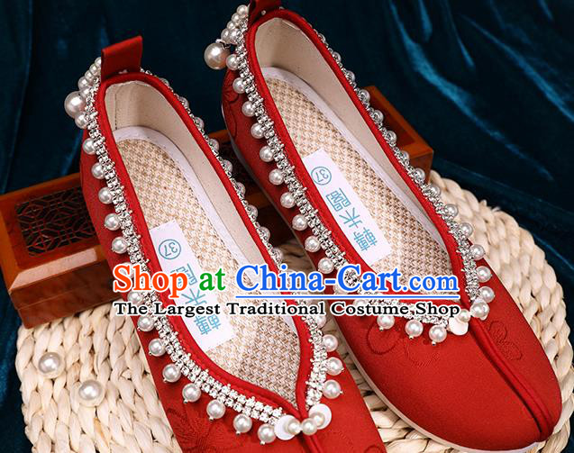 Chinese Handmade Wedding Red Cloth Shoes Ancient Princess Shoes Traditional Hanfu Pearls Shoes