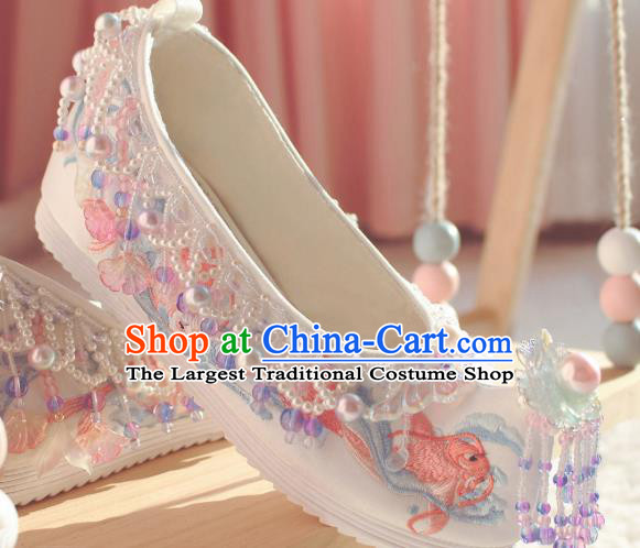 Handmade Chinese Traditional Hanfu White Shoes Embroidered Fish Shoes Ancient Princess Shoes