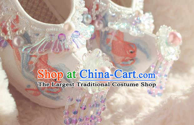 Handmade Chinese Traditional Hanfu White Shoes Embroidered Fish Shoes Ancient Princess Shoes