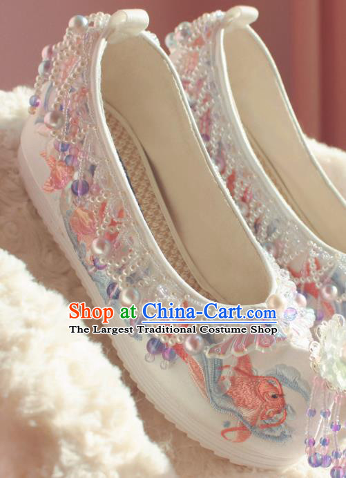 Handmade Chinese Traditional Hanfu White Shoes Embroidered Fish Shoes Ancient Princess Shoes