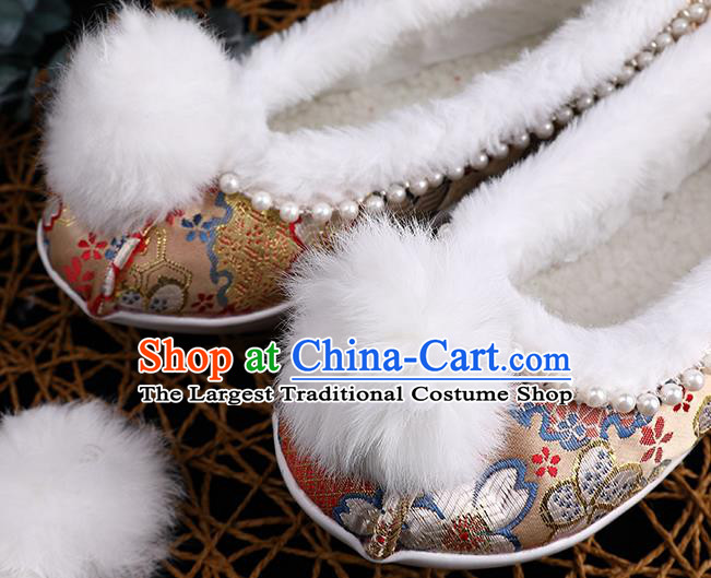 Chinese Traditional Hanfu Winter Shoes Ancient Princess Shoes Handmade Golden Brocade Shoes