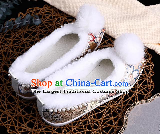 Chinese Traditional Hanfu Winter Shoes Ancient Princess Shoes Handmade Golden Brocade Shoes